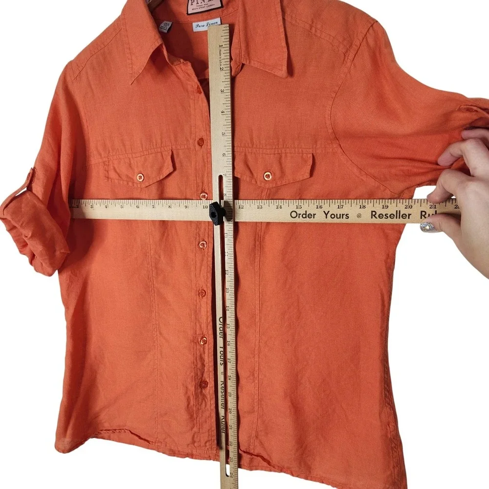THOMAS PINK Shirt Womens US 12 Orange Pure Linen Button Front Roll‎ Tab Top